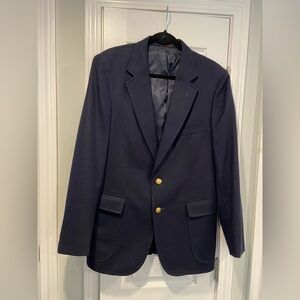 English Manor Mens Size 42 Navy Blue Wool Blazer Gold Buttons Lined Pockets